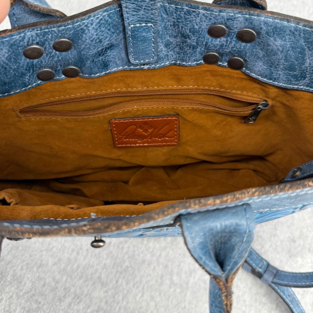 Patricia Nash Blue Tooling Leather Tote Crossbody Bag Floral Embossed Satchel - Picture 7 of 13